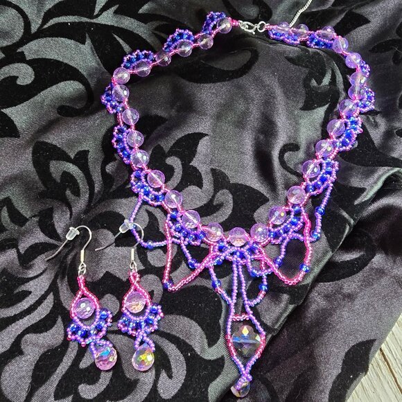 Handmade Jellyfish inspired 925 Sterling Silver Necklace Earring Set Purple/Pink - Picture 9 of 12